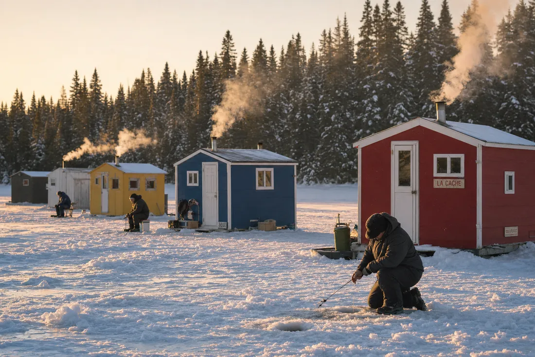Colourful heated ice fishing cabins with smoking chimneys on a frozen Québec lake