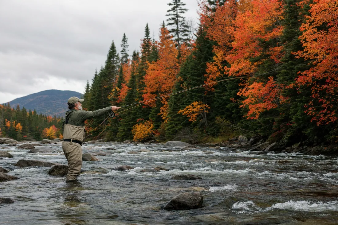 Fly fisherman casting for Atlantic salmon on a fast river framed by autumn colours in Gaspésie, Québec